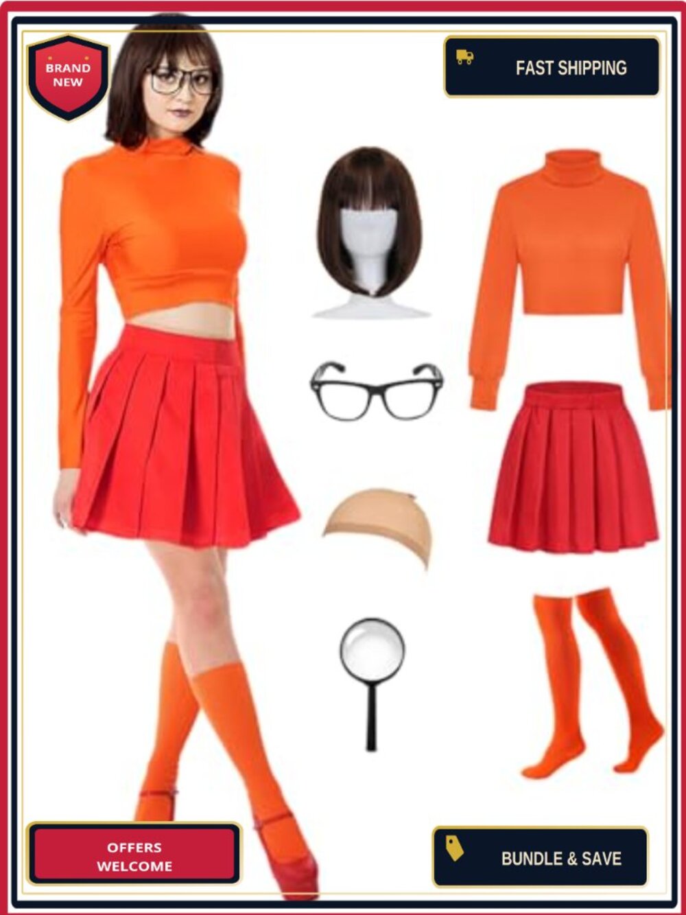 7 Piece Adult Halloween Costume Set with Crop Top Skirt Wig Accessories